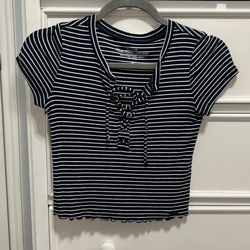 super cute hollister navy blue and white stripe shirt